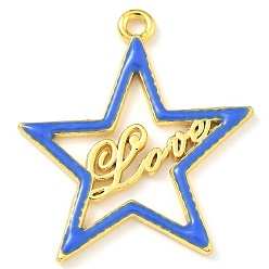 Королевский синий Подвески из латуни с эмалью в стойку, с целью перехода в кольце, долговечный, без свинца и без кадмия, реальный 18 k позолоченный, звезда с узором слова «любовь», королевский синий, 37.5x34x2 мм, отверстие : 4 мм