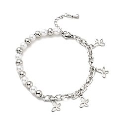 Stainless Steel Color 201 Stainless Steel Butterfly Charm Bracelet, Plastic Pearl Beaded Bracelet with 304 Stainless Steel Cable Chains for Women, Stainless Steel Color, 7-1/2 inch(19cm)