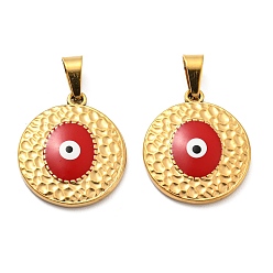 Red Ion Plating(IP) 304 Stainless Steel Pendants, with Enamel, Flat Round with Evil Eye Charm, Golden, Red, 18x16x2.5mm, Hole: 5.5x3.5mm
