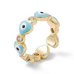 Deep Sky Blue Heart with Evil Eye Enamel & Clear Cubic Zirconia Open Cuff Ring, Real 18K Gold Plated Brass Jewelry for Women, Lead Free & Cadmium Free, Deep Sky Blue, US Size 6 1/4(16.7mm)