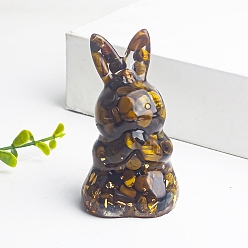 Tiger Eye Resin Rabbit Display Decoration, with Gold Foil Natural Tiger Eye Chips inside Statues for Home Office Decorations, 40x40x73mm
