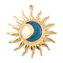 Стально-синий 304 подвески из нержавеющей стали, с эмалью и блестками, солнце с лунным очарованием, реальный 18 k позолоченный, стальной синий, 29x26.5x5 мм, отверстие : 1.2 мм