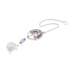 Purple Amethyst Pendant Decoration, Hanging Suncatcher, with Stainless Steel Rings and Oval Alloy Frame, Teardrop, Purple, 385x2mm, Hole: 10mm