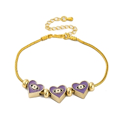 Сине-фиолетовый Латуни европейские браслеты, эмалевый бисер, реальный 18 k позолоченный, сердце, синий фиолетовый, 7-1/4 дюйм (18.4 см)