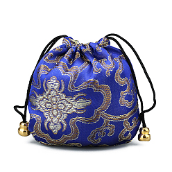 Blue Chinese Style Silk Brocade Jewelry Packing Pouches, Drawstring Gift Bags, Auspicious Cloud Pattern, Blue, 11x11cm