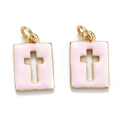 Pink Brass Enamel Charms, Real 18K Gold Plated, Long-Lasting Plated, Rectangle with Cross, Pink, 14.5x9.5x2mm, Hole: 3mm, Jump Ring: 5x0.8mm