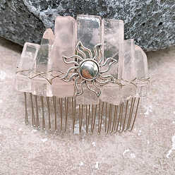 Rose Quartz Sun Wire Wrapped Natural Rose Quartz Hair Combs, with Iron Combs, Hair Accessories for Women Girls, 100x100mm