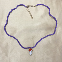 purple Cute Mushroom Necklace - Creative Handmade Rice Bead Pendant - Unique and Charming.