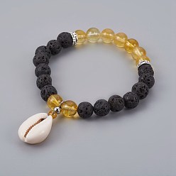 Quartz Crystal Cowrie Shell Charm Stretch Bracelets, with Quartz Crystal(Dyed & Heated) & Lava Rock Beads and Tibetan Style Alloy Spacers Beads, 2-1/4 inch(5.6cm)