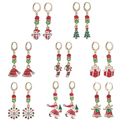 Mixed Color 8 Pair 8 Style Glass Dangle Leverback Earrings, Golden Alloy Jewelry, Christmas Hat & Candy Cane & Tree & Snowflake & Santa Claus, Mixed Color, 41~52x6~23mm, 1 Pair/style