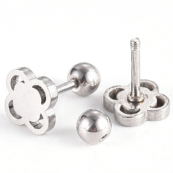 Stainless Steel Color 201 Stainless Steel Flower Barbell Cartilage Earrings, Screw Back Earrings, with 304 Stainless Steel Pins, Stainless Steel Color, 7x7x2mm, Pin: 1mm
