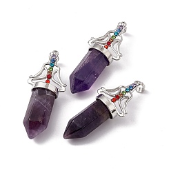 Amethyst Natural Amethyst Big Pendants, 7 Chakra Faceted Bullet Charms, with Platinum Plated Brass Findings and Colorful Rhinestone, Cadmium Free & Lead Free, 55x22.5x16mm, Hole: 8x5mm