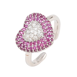Orchid Heart Brass Micro Pave Cubic Zirconia Cuff Open Rings for Women, Cadmium Free & Lead Free, Rack Plating, Platinum, Orchid, 18mm