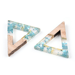 Light Sky Blue Transparent Resin & White Wood Pendants, Hollow Triangle Charms with Paillettes, Light Sky Blue, 27.5x24x3.5mm, Hole: 1.8mm