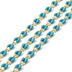 Deep Sky Blue Brass Enamel Curb Chains, Soldered, with Spools, Real 18K Gold Plated, Deep Sky Blue, 7x3x1.7mm