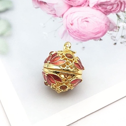 Red Brass Enamel Hollow Bead Cage Pendants, Round with Lotus Flower Charm, for Chime Ball Pendant Necklaces Making, Red, 18x15mm