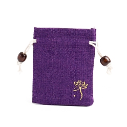 Purple Flower Print Linen Drawstring Gift Bags for Packaging Sachets, Rings, Earrings, Rectangle, Purple, 10x8cm