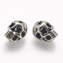 Antique Silver 304 Stainless Steel Beads, Skull, Antique Silver, 14x11x8.5mm, Hole: 3mm