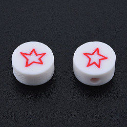 Red Handmade Polymer Clay Beads, Flat Round with Star, Red, 9~9.5x4~5mm, Hole: 1.6mm