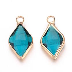 Dodger Blue Glass Pendants, with Brass Findings, Faceted, Rhombus, Nickel Free, Raw(Unplated), Dodger Blue, 18x10x4.5mm, Hole: 2mm