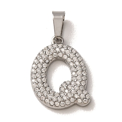 Letter Q 304 Stainless Steel Micro Pave Clear Cubic Zirconia Pendants, Letter Charms, Stainless Steel Color, Letter Q, 18x12.5x2.5mm, Hole: 6x2.5mm