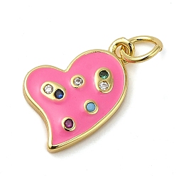 Hot Pink Rack Plating Brass Pendants, with Enamel and Cubic Zirconia, Lead Free & Cadmium Free, Real 18K Gold Plated, Heart, Hot Pink, 16x10x1.5mm