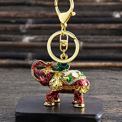 Red Elephant Alloy Enamel & Rhinestone Pendant Keychains, with Key Ring for Bag Car Key Pendant Decoration , Red, 12x6cm