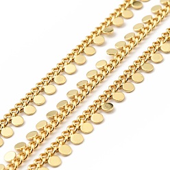 Real 18K Gold Plated Rack Plating Real Brass Curb Chains, with Flat Round Charms, Soldered, with Spool, Long-Lasting Plated, Lead Free & Cadmium Free & Nickel Free, Real 18K Gold Plated, 3.5x2.5x1mm