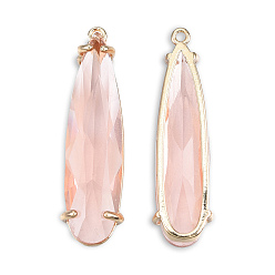 Misty Rose Transparent K9 Glass Pendants, with Light Gold Plated Brass Findings, Cadmium Free & Lead Free, Faceted, Teardrop, Misty Rose, 32x9x6mm, Hole: 1.2mm