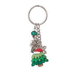 Platinum Christmas Theme Resin Keychains, with Alloy Enamel Pendants and Glass Beads and Iron Rings, Snowflake & Christmas Tree, Platinum, 7.6cm