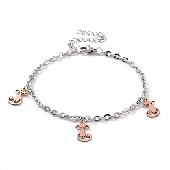 Rose Gold & Stainless Steel Color 304 Stainless Steel Cat Charm Bracelet with Cable Chains for Women, Rose Gold & Stainless Steel Color, 7-1/8 inch(18cm)
