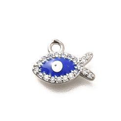 Синий Латунные микро-паве кубические цирконии с эмалевыми подвесками от сглаза, рыба, платина, синие, 9x11.5x2 мм, отверстие : 1.4 мм