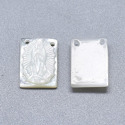 Seashell Color Natural White Shell Mother of Pearl Shell Charms, Rectangle with Carved Virgin Mary Pattern, Seashell Color, 11x8x3mm, Hole: 0.8mm