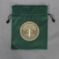 Teal Rectangle Velvet Jewelry Storage Pouches, Tree of Life Printed Drawstring Bags, Teal, 20x16cm