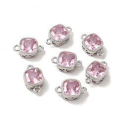 Pink Brass Cubic Zirconia Links Connectors, Platinum, Square, Pink, 11x7x4mm, Hole: 1.2mm