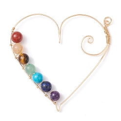 Mixed Stone 7 Chakra Gemstone Copper Wire Wrapped Big Pendants, Heart Charms with Jump Rings, Golden, 59x59x7mm, Hole: 3.5mm