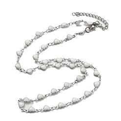 White 304 Stainless Steel Heart Link Chain Necklaces, with Enamel, White, 17.72~17.91 inch(45~45.5cm)
