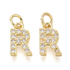 Letter R Латунные микропаве прозрачные кубические циркониевые подвески, с прыжковых колец, реальный 18 k позолоченный, без кадмия, без никеля и без свинца, Буква R, 11.5x7x2.5 мм, отверстие : 3 мм