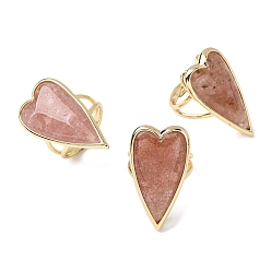 Клубничный Кварц Кольца из натурального клубничного кварца в форме сердца, латунные регулируемые кольца для женщин, 34x18.5~19 мм, внутренний диаметр: 18 мм