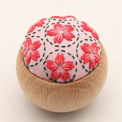 Crimson Flower Pattern Round Sewing Pin Cushions Embroidery Kits with Instruction for Beginners, Needlework Starter Kits, Art Craft Handy Sewing Set, Crimson, 50mm