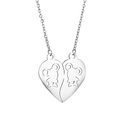 Bear Stainless Steel Heart Pendant Necklaces, Valentine's Day Necklace Gift for Men Women, Bear Pattern, 17-3/4 inch(45cm)