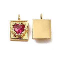 Hot Pink Rack Plating Brass Micro Pave Cubic Zirconia Charms, Long-Lasting Plated, Cadmium Free & Lead Free, Rectangle with Heart Charm, Real 18K Gold Plated, Hot Pink, 12x8x4mm, Hole: 1.4mm