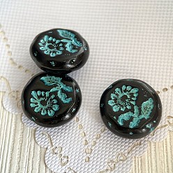 Dark Cyan Czech Glass Beads, Flat Round with Flower of Life, Black, 18mm