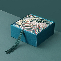 Teal Chinese Style Wave Brocade & Satin Box, for Bracelet, Earring, Square, Teal, 10x10x4cm