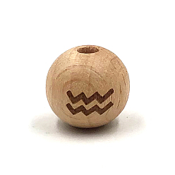 Aquarius Beech Wood Beads, Laser Engraved Bead, Round with Constellation Pattern, BurlyWood, Aquarius, 16mm, 15pcs/bag