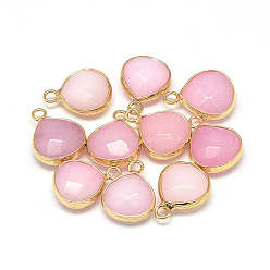 Pink Natural White Jade Pendants, with Nickel Free Brass Findings, Faceted, Dyed, teardrop, Golden, Pink, 17.5x13.5x6.5mm, Hole: 2mm