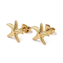 Golden Ion Plating(IP) 304 Stainless Steel Starfish Stud Earrings for Women, Golden, 12x11.5mm, Pin: 0.8mm
