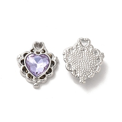 Lavender Alloy Pendant, with Glass, Platinum, Lead Free & Cadmium Free, Heart Charm, Lavender, 17x15x5mm, Hole: 1.5x2mm