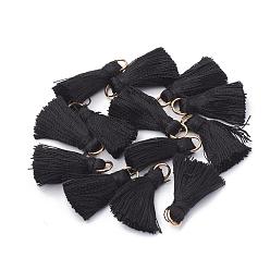 Black Nylon Thread Tassel Pendant Decorations, with Golden Iron Jump Rings, Random Color Binding Threads, Black, 19~30x9~11mm