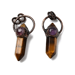 Тигровый глаз Подвески с натуральным аметистом и тигровым глазом, подвески-пули с двумя концами в форме заостренных граней и латунными соединительными кольцами, без кадмия и без свинца, красная медная пуля, 37.5~38.5x19x12~13 мм, отверстие : 6 мм